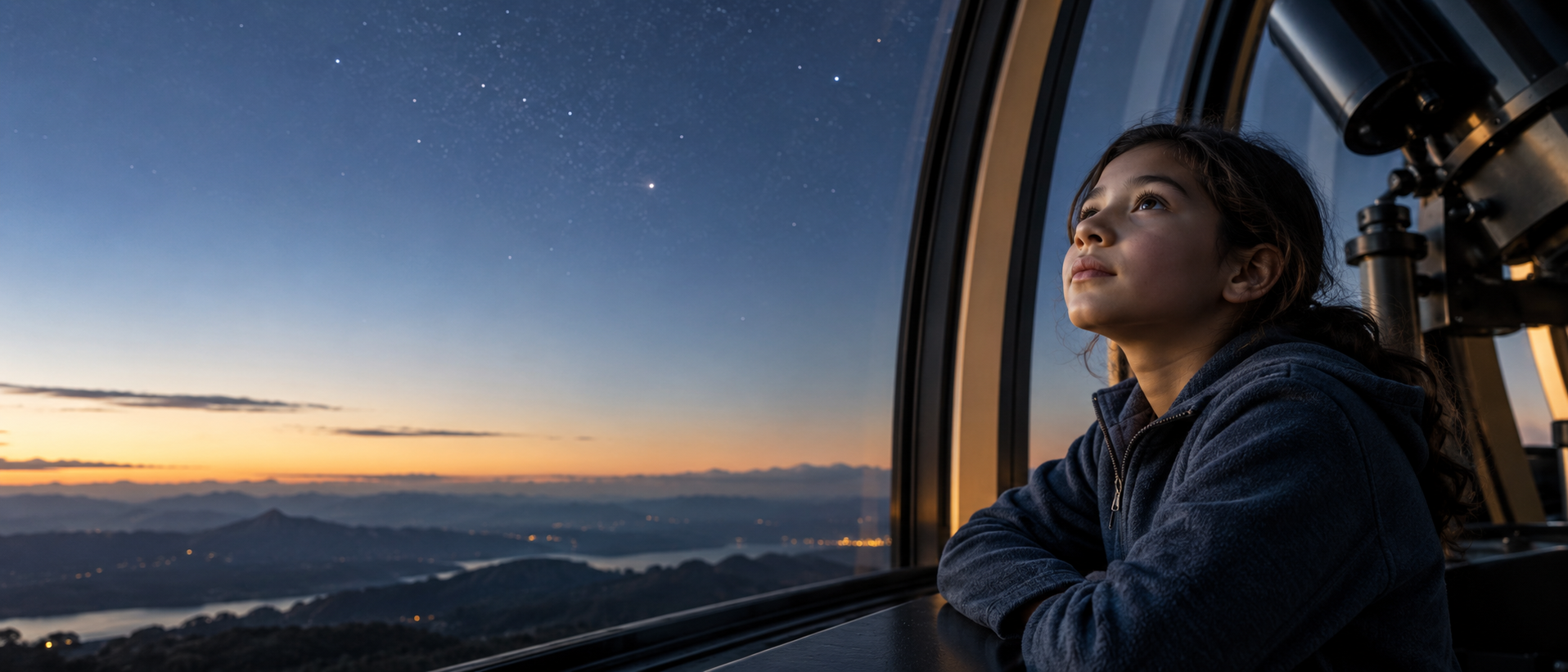 A young student looking toward the stars at an observatory