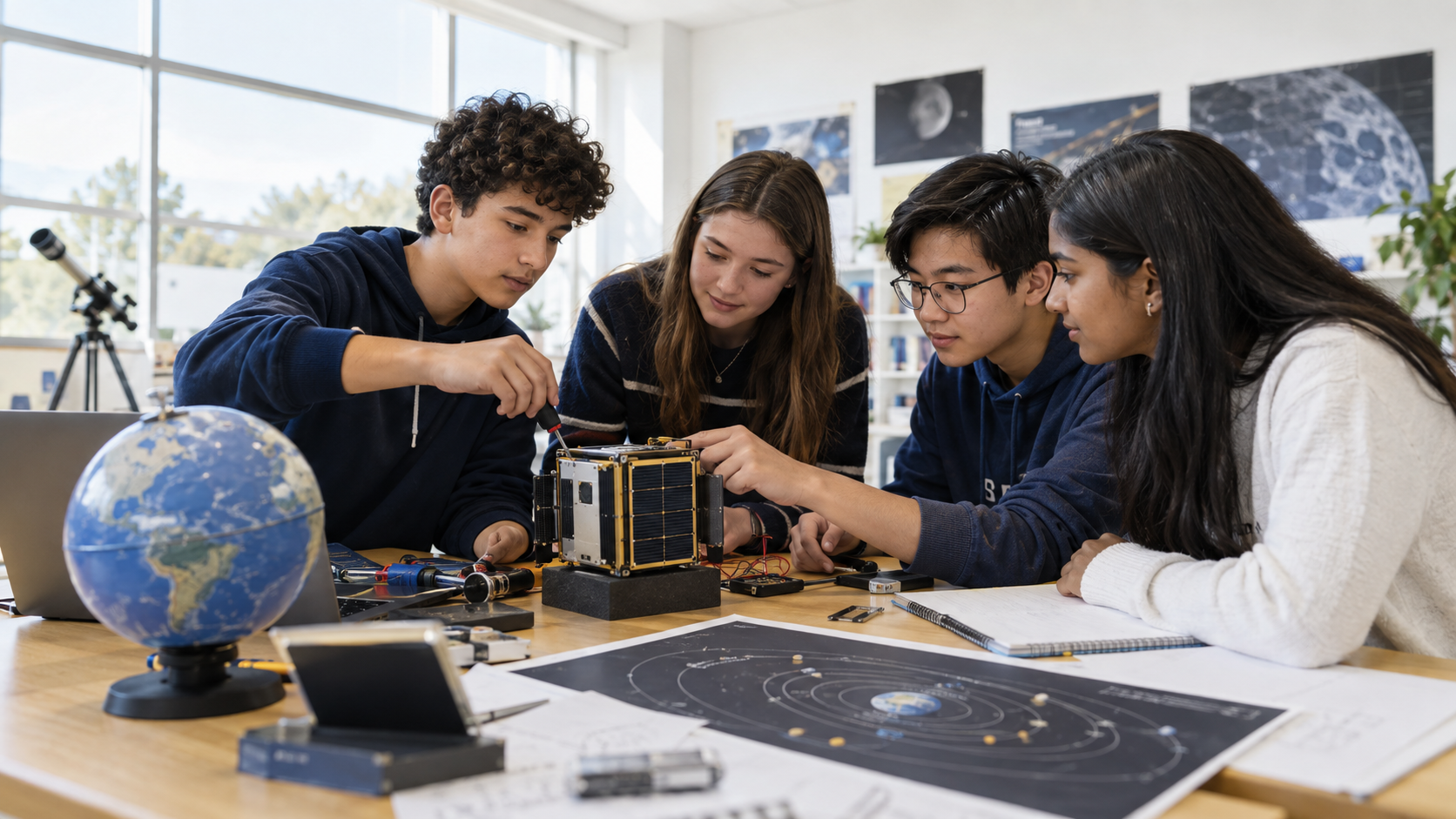 Teenagers collaborating on a hands-on aerospace STEM project